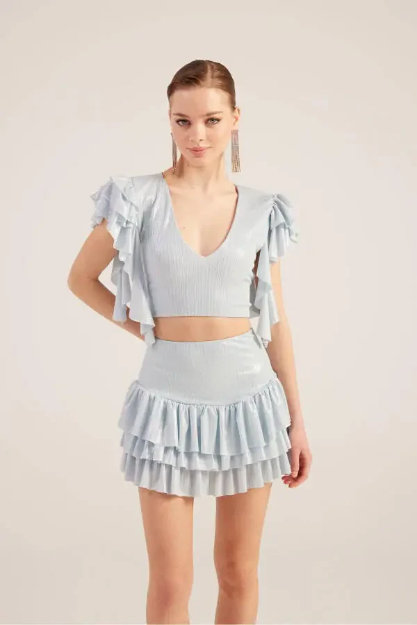 Frill Detail Skirt Blouse Nana Set Blue-Blue - 4