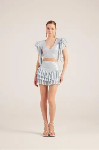 Frill Detail Skirt Blouse Nana Set Blue-Blue - 4