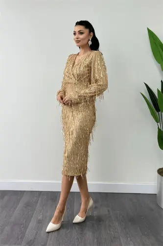 Fringe Sequined Fabric Pencil Dress - GOLD - 1
