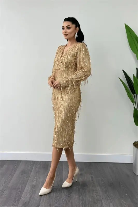 Fringe Sequined Fabric Pencil Dress - GOLD - BÜYÜKBEDENIZ