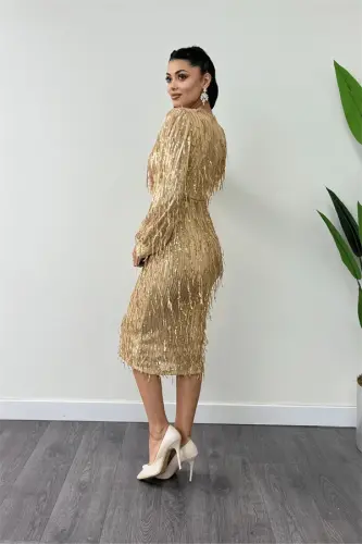Fringe Sequined Fabric Pencil Dress - GOLD - BÜYÜKBEDENIZ (1)