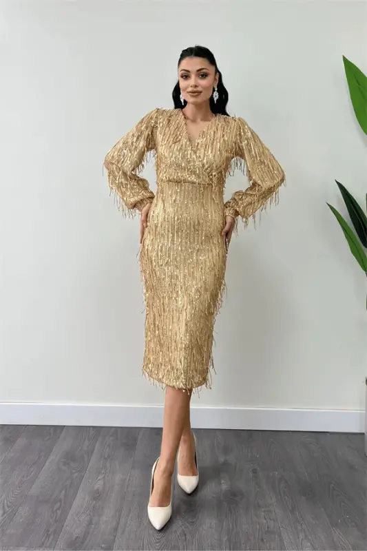 Fringe Sequined Fabric Pencil Dress - GOLD - 3