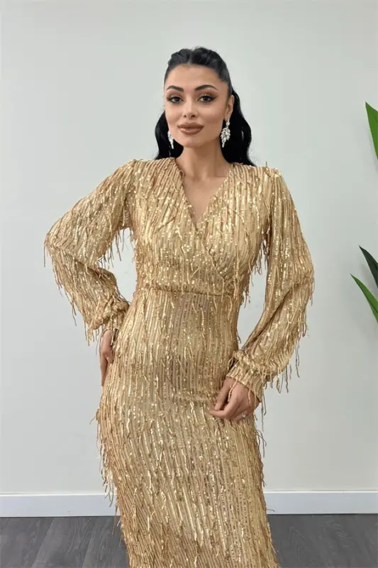Fringe Sequined Fabric Pencil Dress - GOLD - 5