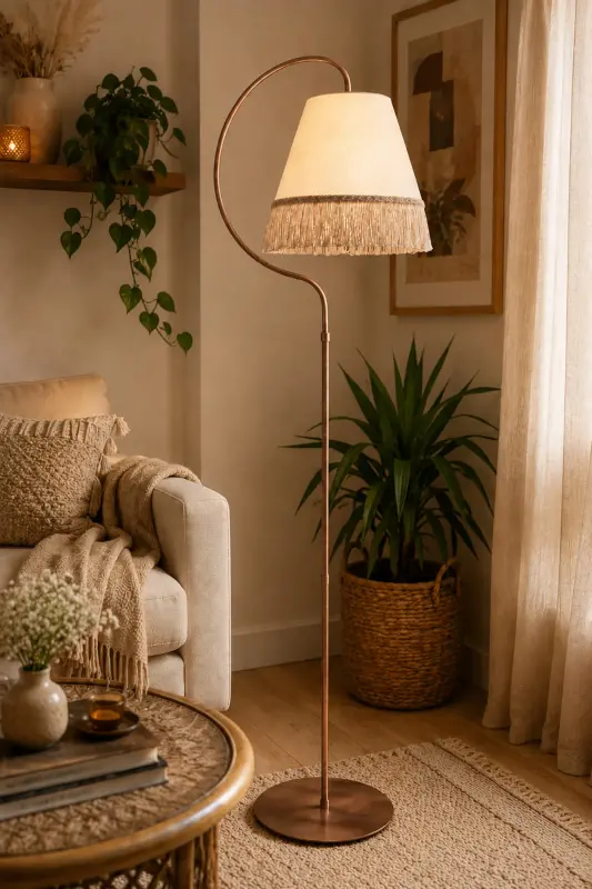 Fringed Floor Lamp || BLACK COPPER PATINA || Cream Fabric || Yellow Fringe || Corner Lamp Living Room Floor Lamp - Black Copper Patina Cream Fabric Yellow Fringe - 1