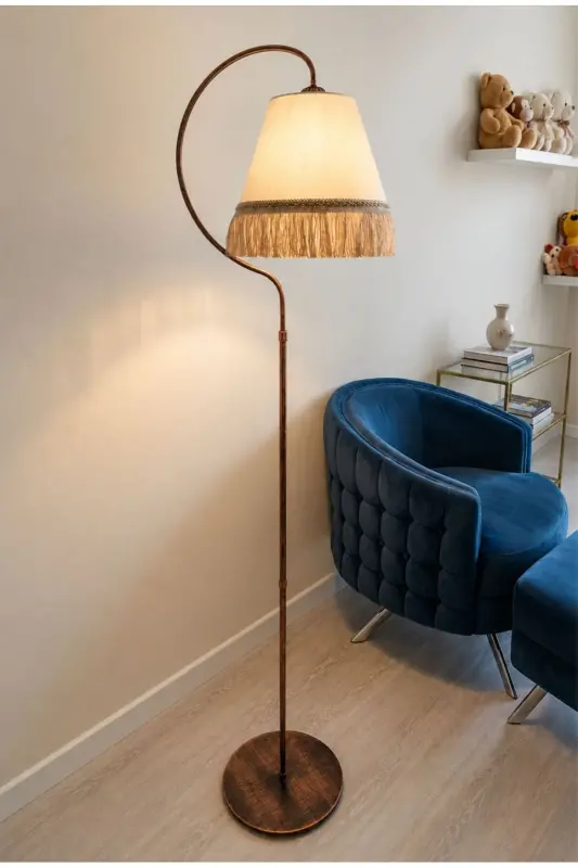 Fringed Floor Lamp || BLACK COPPER PATINA || Cream Fabric || Yellow Fringe || Corner Lamp Living Room Floor Lamp - Black Copper Patina Cream Fabric Yellow Fringe - 2