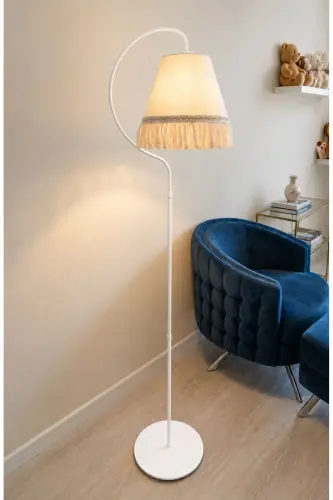 Fringed Floor Lamp || WHITE || Cream Fabric || Yellow Tassel || Corner Lamp Living Room Floor Lamp - Plain White Cream Fabric Yellow Tassel 