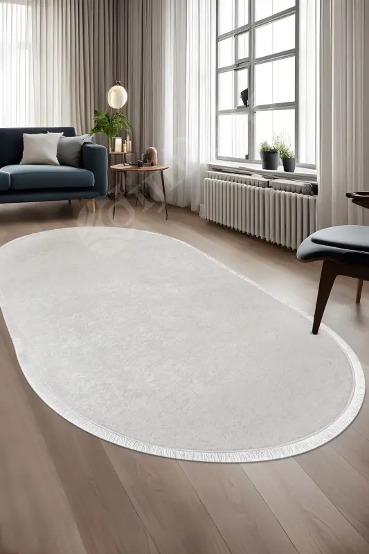 Fringed Oval Rug Light Cream Living Room Corridor Entrance Kitchen Rug Wipe Clean - DIJIDEKOR