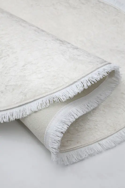 Fringed Oval Rug Light Cream Living Room Corridor Entrance Kitchen Rug Wipe Clean - 4
