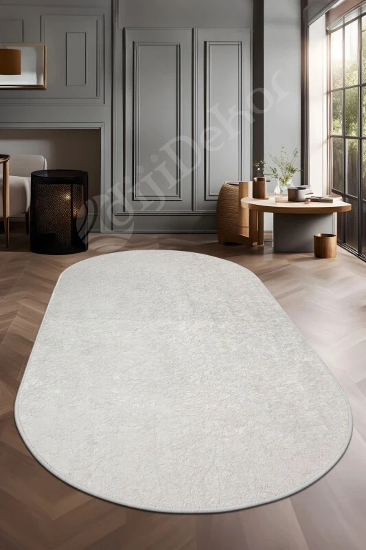 Fringed Oval Rug Light Cream Living Room Hallway Entrance Kitchen Rug Washable Runner - 1