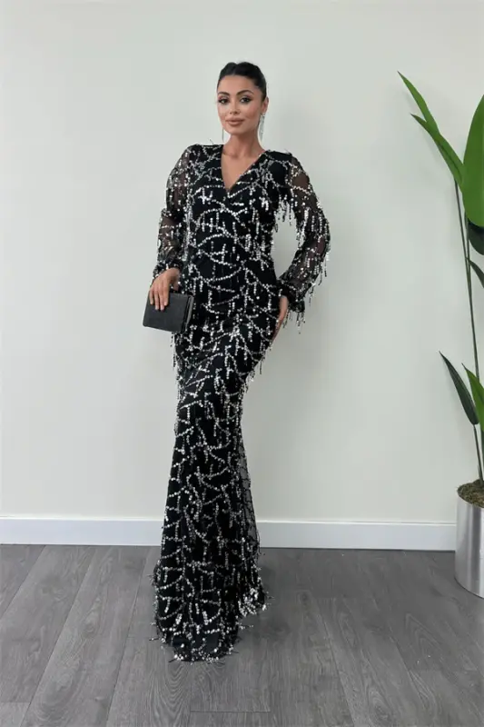 Fringed Sequin Design Dress - SILVER - 1