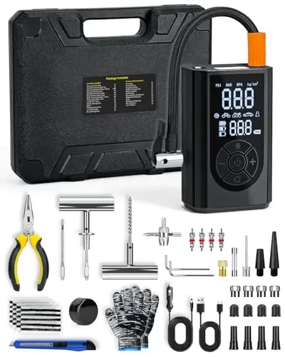 FRIWOLE Tire Repair Kit with Portable Air Compressor, Tire Plug Kit 58PCS with Cordless Tire Inflator (150 PSI) for Car, Motorcycle, Tractor, Truck, Ball - 1