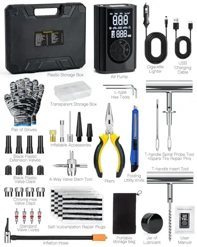 FRIWOLE Tire Repair Kit with Portable Air Compressor, Tire Plug Kit 58PCS with Cordless Tire Inflator (150 PSI) for Car, Motorcycle, Tractor, Truck, Ball - 4