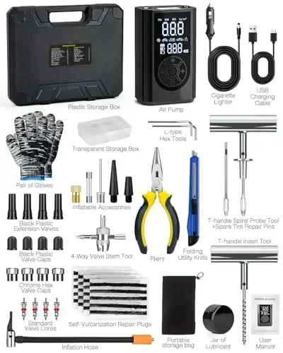 FRIWOLE Tire Repair Kit with Portable Air Compressor, Tire Plug Kit 58PCS with Cordless Tire Inflator (150 PSI) for Car, Motorcycle, Tractor, Truck, Ball - 4