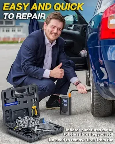 FRIWOLE Tire Repair Kit with Portable Air Compressor, Tire Plug Kit 58PCS with Cordless Tire Inflator (150 PSI) for Car, Motorcycle, Tractor, Truck, Ball - 6