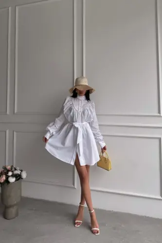 FRONT BUTTON POPLIN FLARED DRESS WITH TIE BELT DETAIL - White - 1