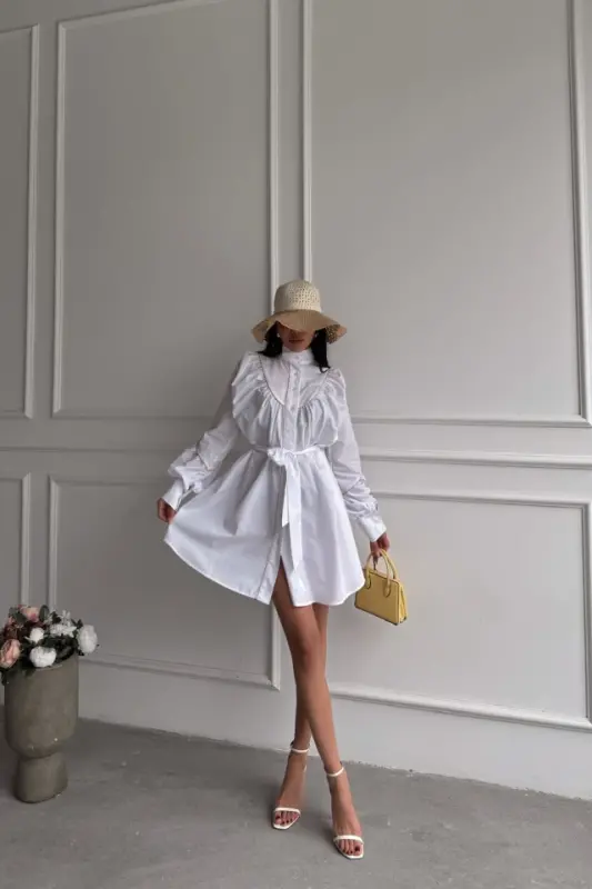 FRONT BUTTON POPLIN FLARED DRESS WITH TIE BELT DETAIL - White - 1