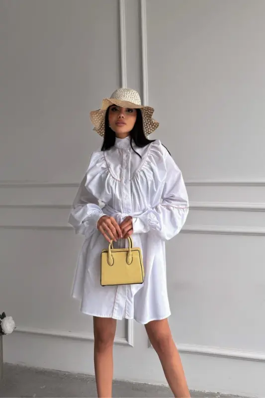 FRONT BUTTON POPLIN FLARED DRESS WITH TIE BELT DETAIL - White - 2