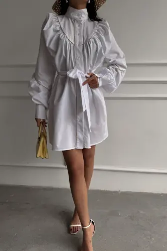 FRONT BUTTON POPLIN FLARED DRESS WITH TIE BELT DETAIL - White - 3