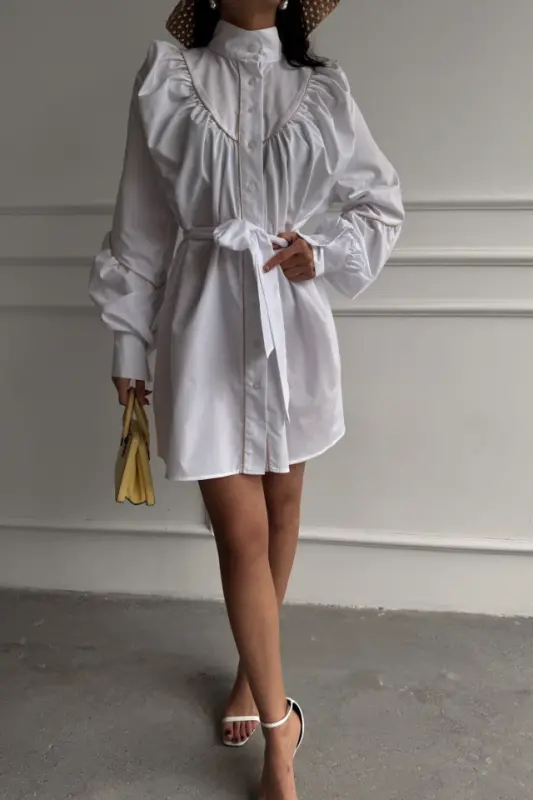 FRONT BUTTON POPLIN FLARED DRESS WITH TIE BELT DETAIL - White - 3