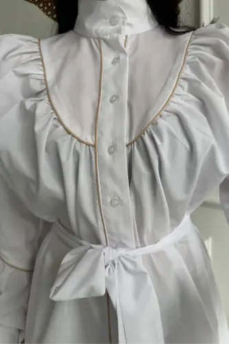 FRONT BUTTON POPLIN FLARED DRESS WITH TIE BELT DETAIL - White - 4