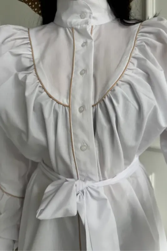 FRONT BUTTON POPLIN FLARED DRESS WITH TIE BELT DETAIL - White - 4