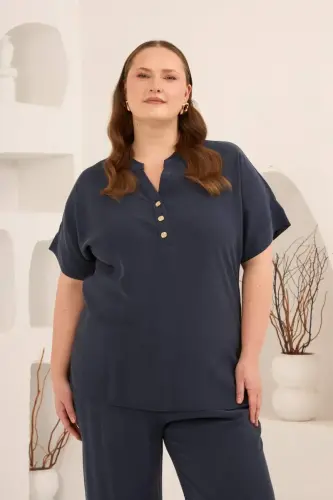 Front Buttoned Plus Size Modal Blouse Navy Blue - 1