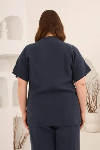Front Buttoned Plus Size Modal Blouse Navy Blue - 5