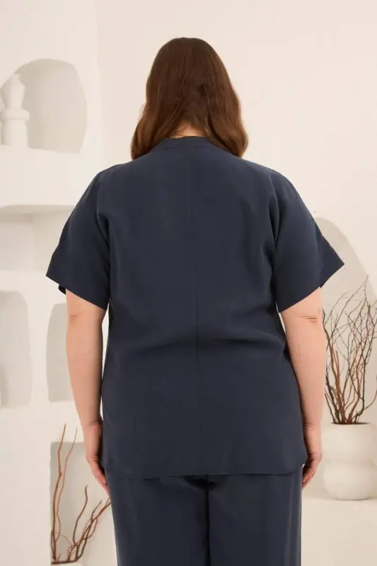 Front Buttoned Plus Size Modal Blouse Navy Blue - 5