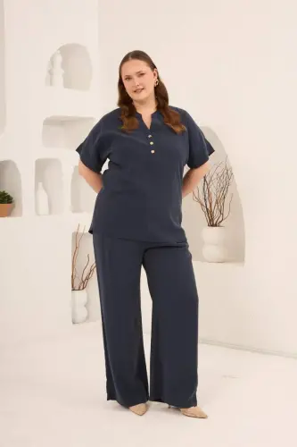 Front Buttoned Plus Size Modal Blouse Navy Blue - 6