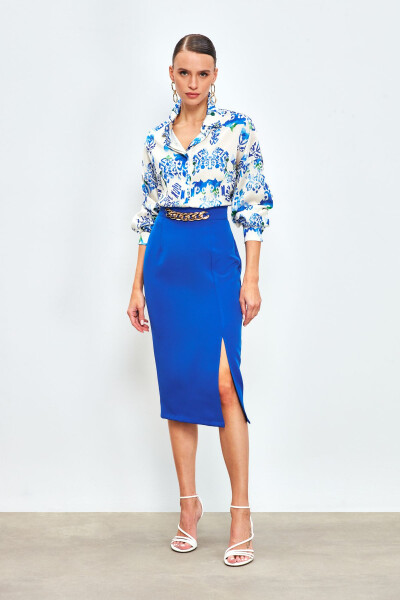 Front Chain Detailed Skirt - SAX BLUE - 1