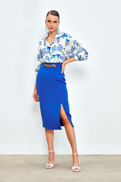 Front Chain Detailed Skirt - SAX BLUE - 4