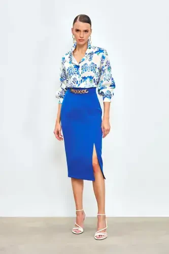 Front Chain Detailed Skirt - SAX BLUE - 1