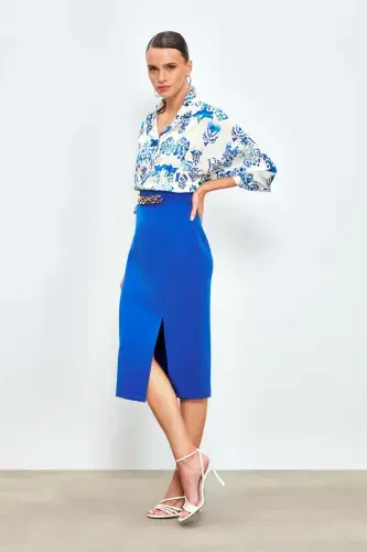 Front Chain Detailed Skirt - SAX BLUE - Sateen (1)