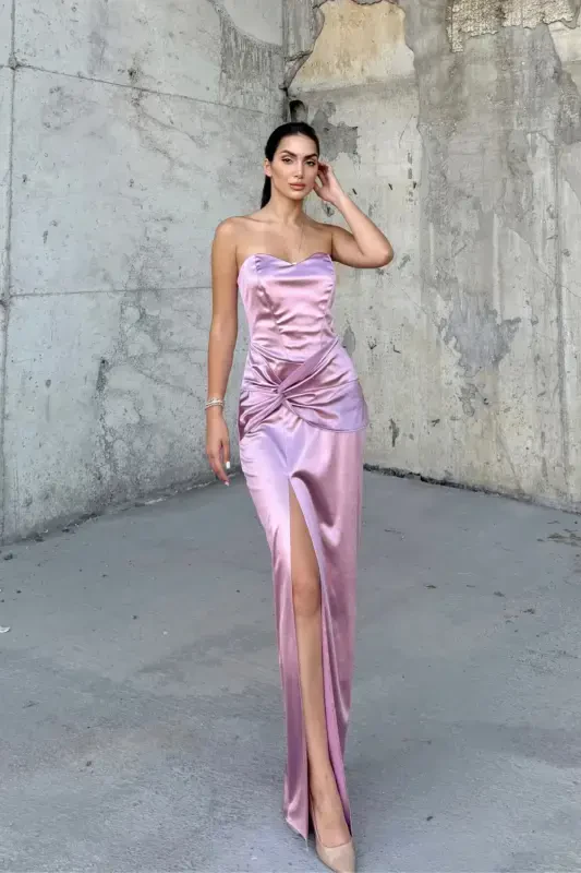 Front Knot Detail Strapless Satin Evening Dress - SINDIMODA