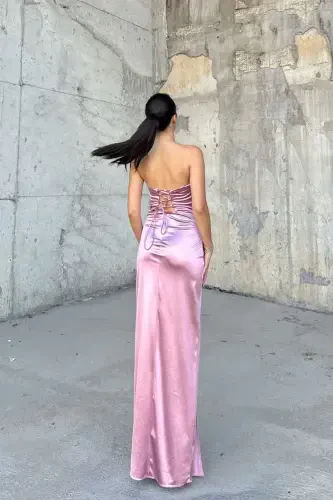 Front Knot Detail Strapless Satin Evening Dress - 3