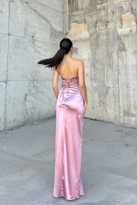 Front Knot Detail Strapless Satin Evening Dress - 3