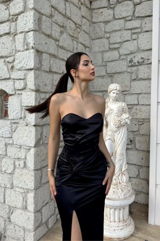 Front Knot Detail Strapless Satin Evening Dress-BLACK - 3