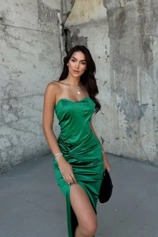 Front Knot Detail Strapless Satin Evening Dress-EMERALD - 2