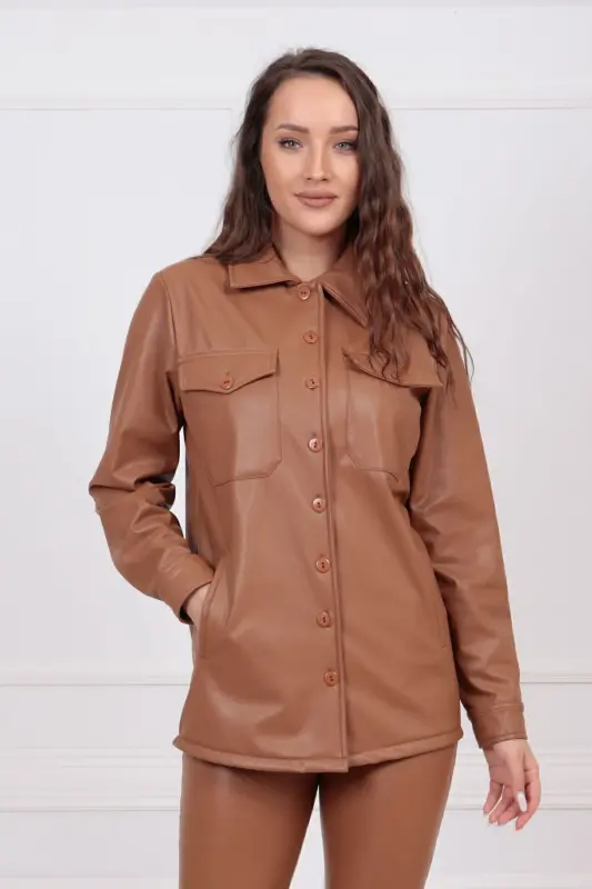 Front Pocket Buttoned Three-Quarter Sleeve Leather Shirt Gml33163 Tan-Tan - 1