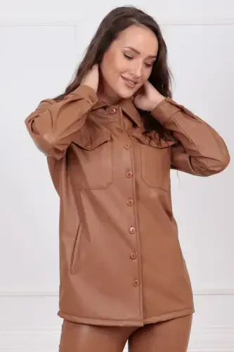 Front Pocket Buttoned Three-Quarter Sleeve Leather Shirt Gml33163 Tan-Tan - SENSE (1)