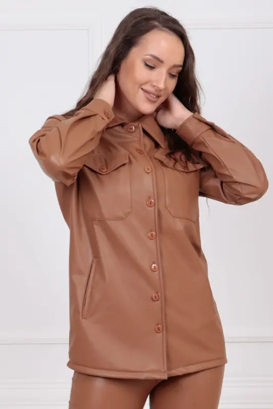 Front Pocket Buttoned Three-Quarter Sleeve Leather Shirt Gml33163 Tan-Tan - 2