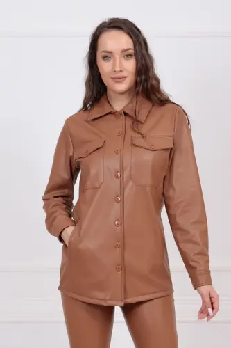 Front Pocket Buttoned Three-Quarter Sleeve Leather Shirt Gml33163 Tan-Tan - 3