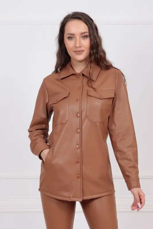 Front Pocket Buttoned Three-Quarter Sleeve Leather Shirt Gml33163 Tan-Tan - 3