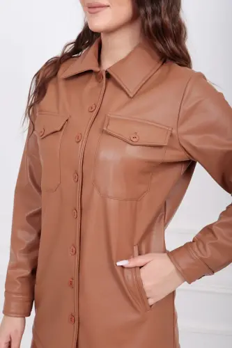 Front Pocket Buttoned Three-Quarter Sleeve Leather Shirt Gml33163 Tan-Tan - 6
