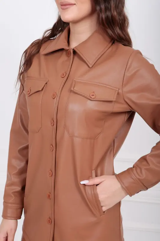 Front Pocket Buttoned Three-Quarter Sleeve Leather Shirt Gml33163 Tan-Tan - 6