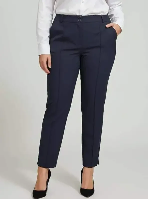 Front Ribbed Plus Size Fabric Trousers Navy Blue - BÜYÜKBEDENIZ