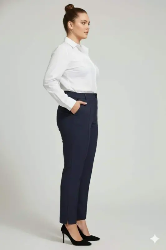 Front Ribbed Plus Size Fabric Trousers Navy Blue - 2