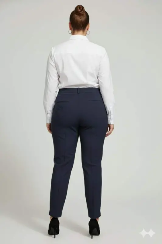 Front Ribbed Plus Size Fabric Trousers Navy Blue - 4