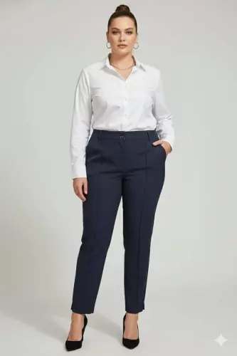 Front Ribbed Plus Size Fabric Trousers Navy Blue - 5