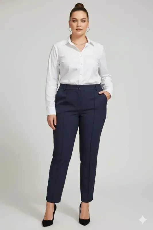 Front Ribbed Plus Size Fabric Trousers Navy Blue - 5